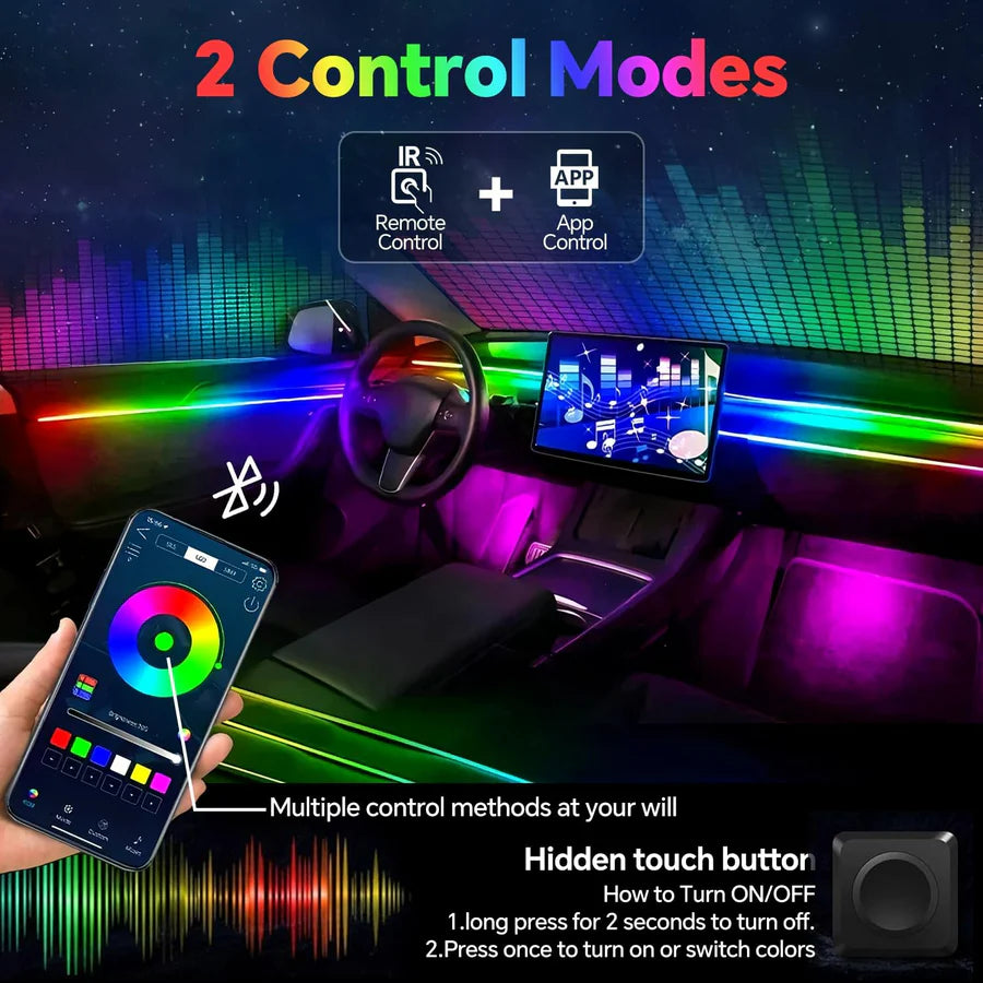 RGB Car Ambient Light Kit – 18 in 1 Fiber Optic LED Interior Neon Lights with Music Sync & Dynamic Modes