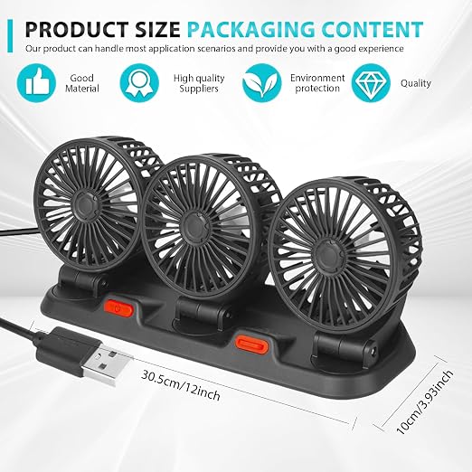 360° USB Car Fan – Triple Head Adjustable Cooling Fan