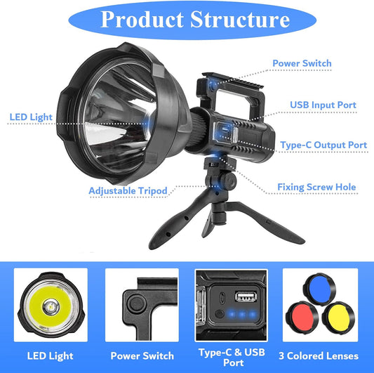High-Power Handheld Flashlight with Tripod