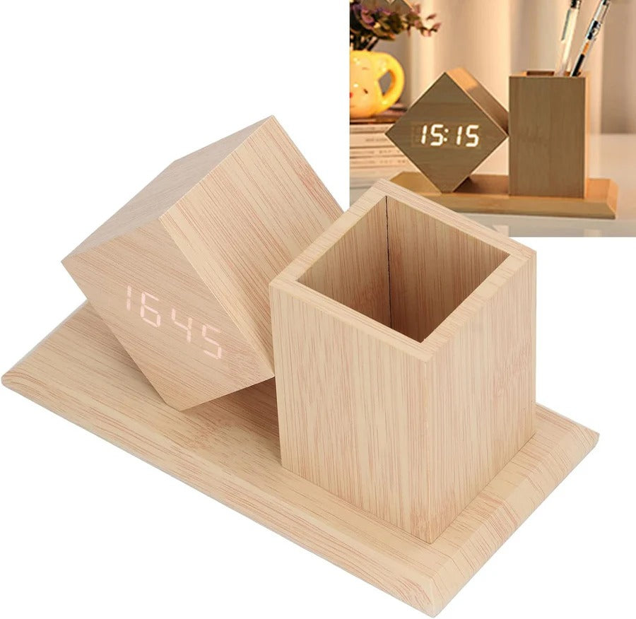 LED Wooden Desk Clock with Pen Holder – Digital Alarm & Thermometer ⏰✨