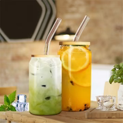 Can Glass Juice Water Cup With Bamboo Wood Lid And Plastic Straw 500 ml