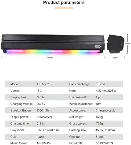 Kisonli LED-802 RGB Wireless Bluetooth Speaker 5.3 Retro Sound bar