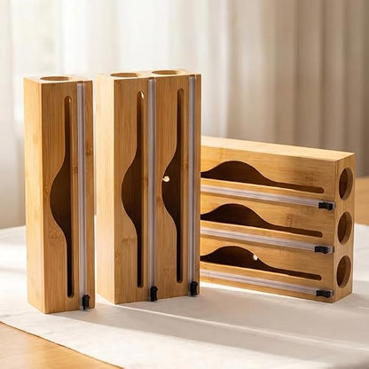 Bamboo Wrap Dispenser with Cutter – Kitchen Foil & Cling Film Organizer 🎋✨