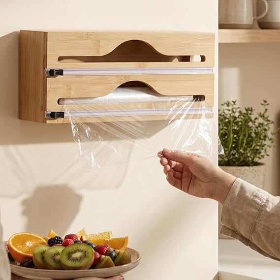 Bamboo Wrap Dispenser with Cutter – Kitchen Foil & Cling Film Organizer 🎋✨