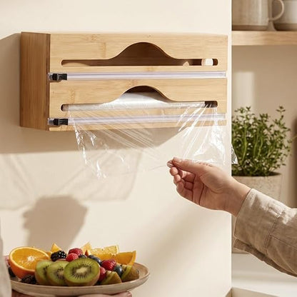 Bamboo Wrap Dispenser with Cutter – Kitchen Foil & Cling Film Organizer 🎋✨