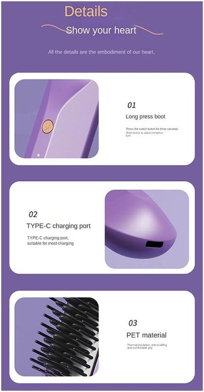 Cordless Hair Straightening Brush – Rechargeable Fast Heating Comb 💜✨