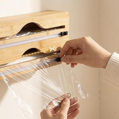 Bamboo Wrap Dispenser with Cutter – Kitchen Foil & Cling Film Organizer 🎋✨