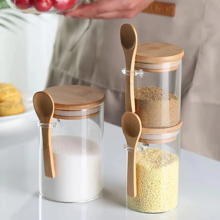 Airtight Glass Jars With Bamboo Lids And Spoons
