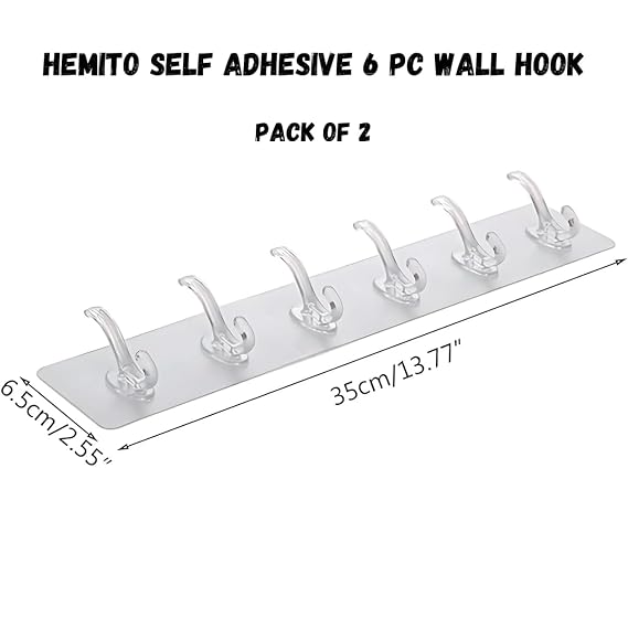 6 Row Transparent Wall Hook Strong Self Adhesive Door Wall Hangers for Kitchen Bathroom