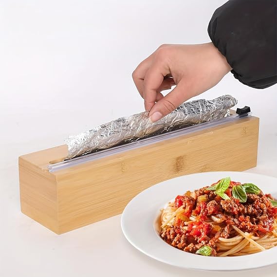 Bamboo Wrap Dispenser with Cutter – Kitchen Foil & Cling Film Organizer 🎋✨