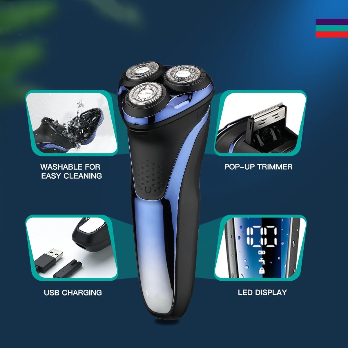 VGR V306 Waterproof Electric Shaver – Cordless Rechargeable Rotary Razor with Pop-Up Trimmer, LED Display (Blue)