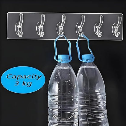 6 Row Transparent Wall Hook Strong Self Adhesive Door Wall Hangers for Kitchen Bathroom