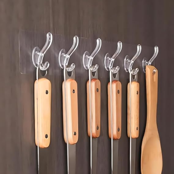 6 Row Transparent Wall Hook Strong Self Adhesive Door Wall Hangers for Kitchen Bathroom