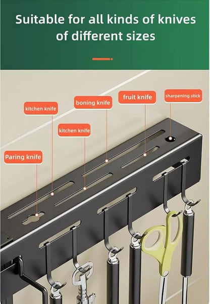 Wall-Mounted Kitchen Utensil Rack – Knife Holder with Hooks & Towel Bar 🔪✨