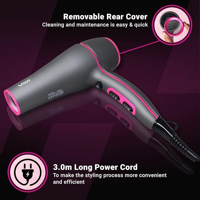 Vgr Professional Hair Dryer V402 - With Diffuser, Gray With Pink 2200W 3 Heating Settings