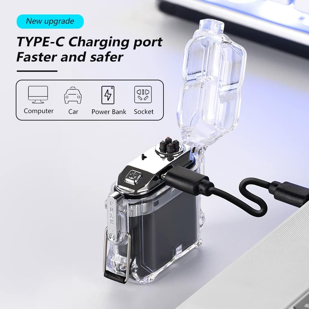 Waterproof Electric Torch Transparent Lighter, Windproof Plasma Lighter, USB Rechargeable, Outdoor Camping Gift, Dual ARC