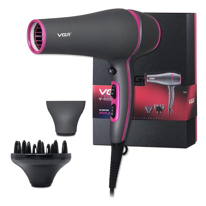 Vgr Professional Hair Dryer V402 - With Diffuser, Gray With Pink 2200W 3 Heating Settings