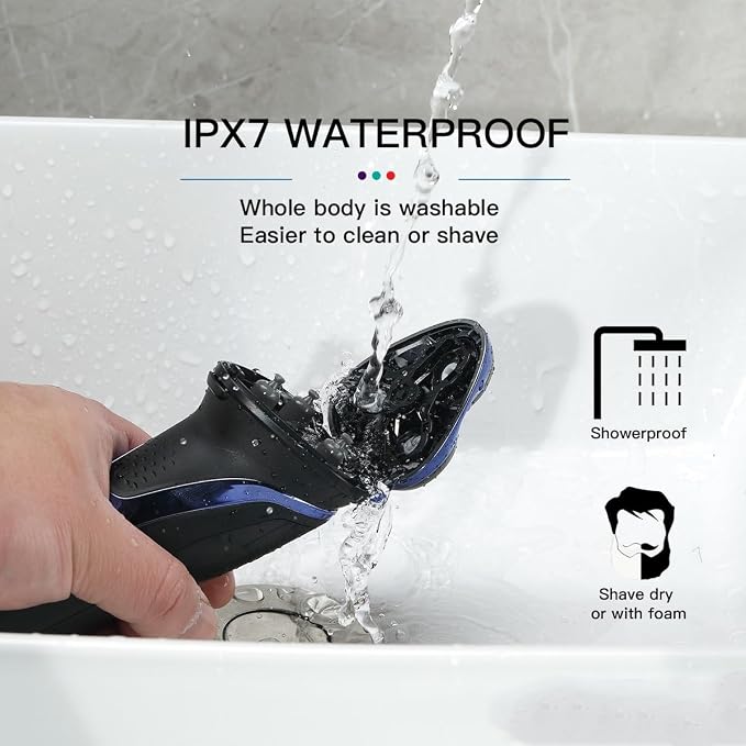 VGR V306 Waterproof Electric Shaver – Cordless Rechargeable Rotary Razor with Pop-Up Trimmer, LED Display (Blue)