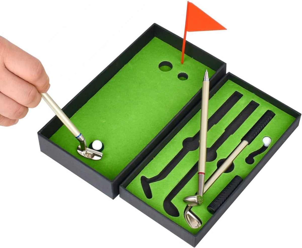 Golf Pen, Mini Golf Gift Set, Desktop Golf Ball Pen Gift, 3 Golf Clubs Pens with Balls and Flag