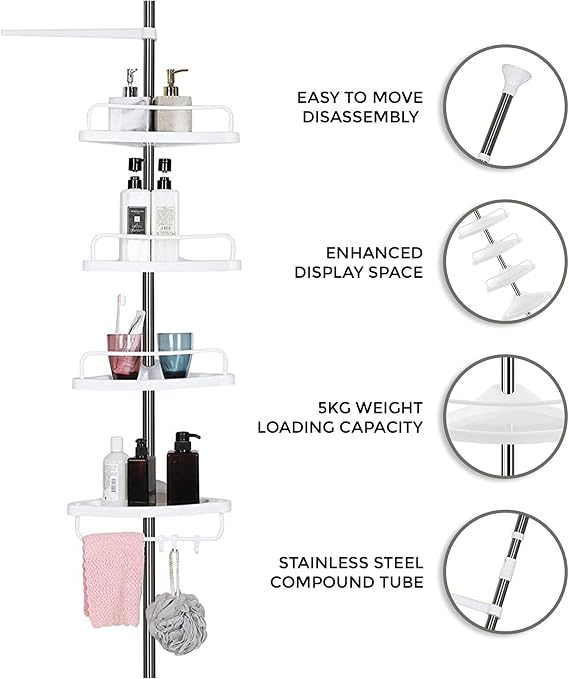 4 Tier Bathroom Corner Shelf with Towel Holder – Wall Mounted Storage Rack for Toiletries & Towels