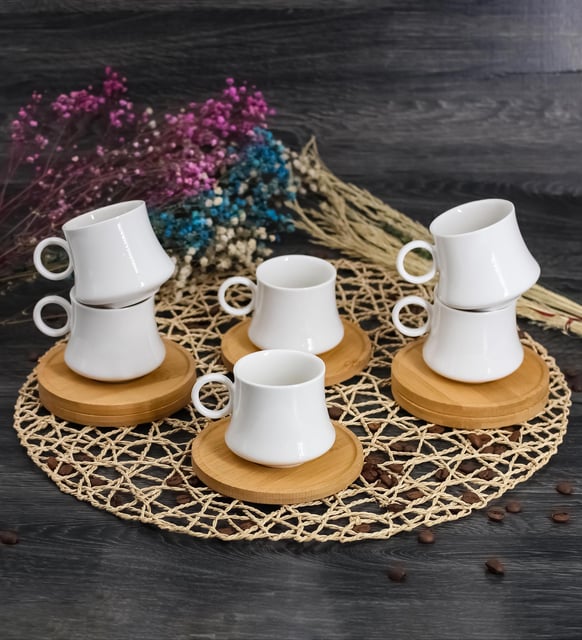 Coffee set with 6 ceramic cups 90ml & 6 bamboo saucers