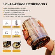 Coffee Mug Glass Tumbler With Silicone Straw and Lid 360 ml, Cup With Leather Sleeve