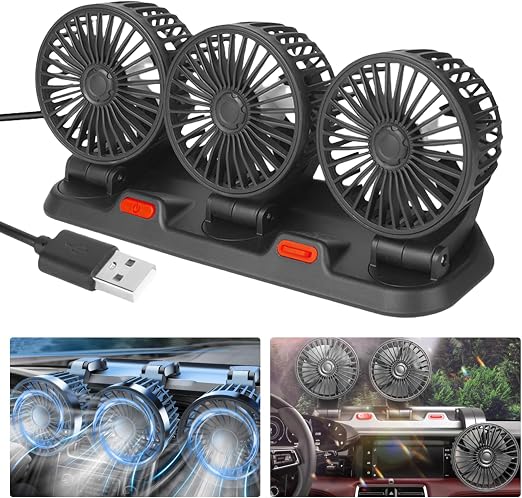 360° USB Car Fan – Triple Head Adjustable Cooling Fan