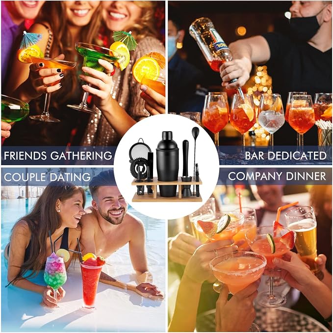 Cocktail Shaker Set Bartender Kit, Bar Set with Bamboo Stand 12 Piece Bartending Tools with Mocktail Recipes Booklet