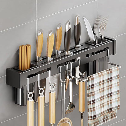 Wall-Mounted Kitchen Utensil Rack – Knife Holder with Hooks & Towel Bar 🔪✨