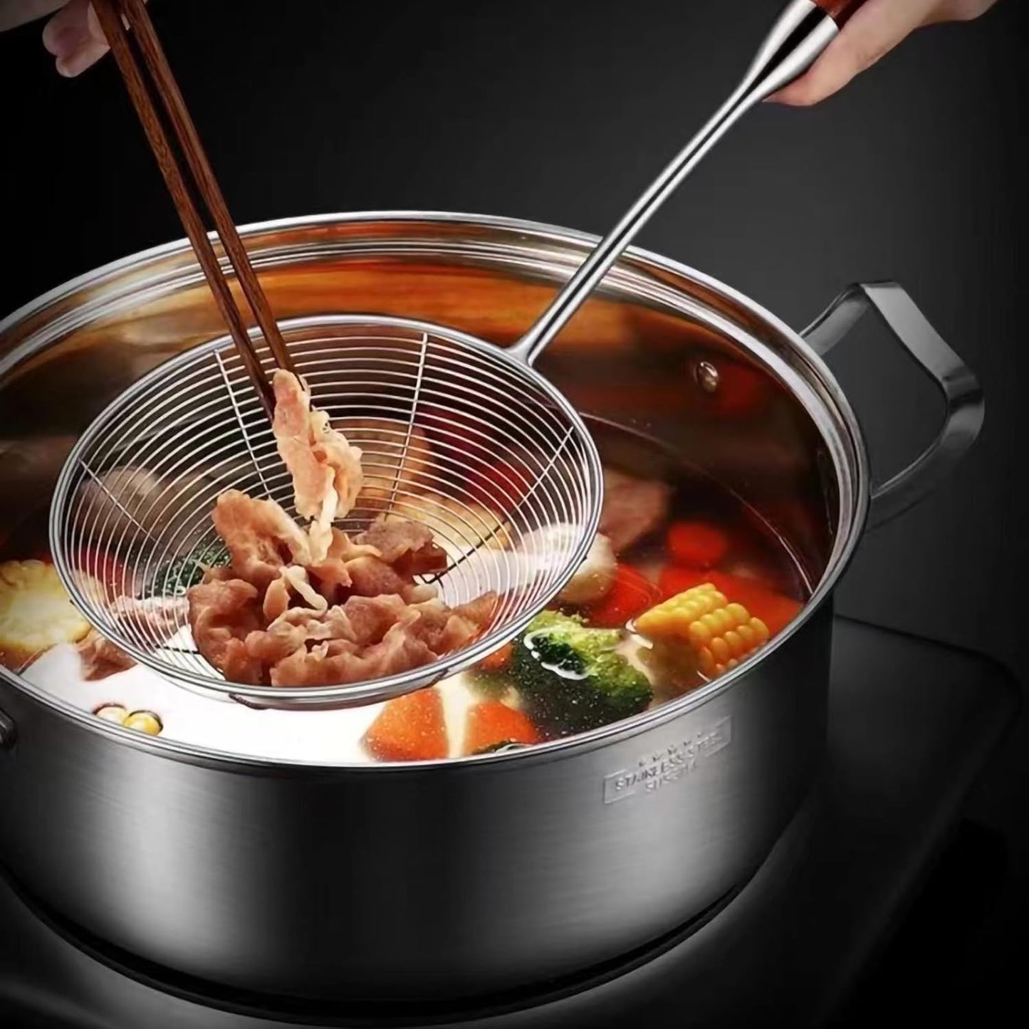 Wooden and stainless steel skimmer strainer pot