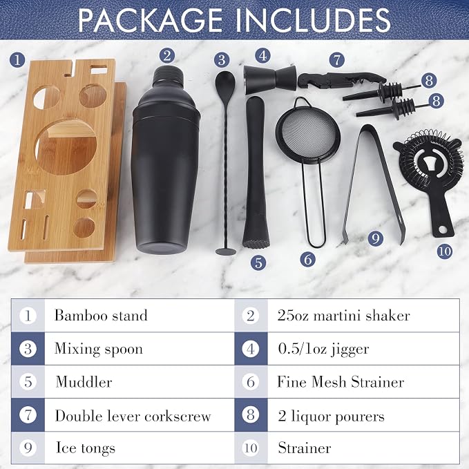 Cocktail Shaker Set Bartender Kit, Bar Set with Bamboo Stand 12 Piece Bartending Tools with Mocktail Recipes Booklet