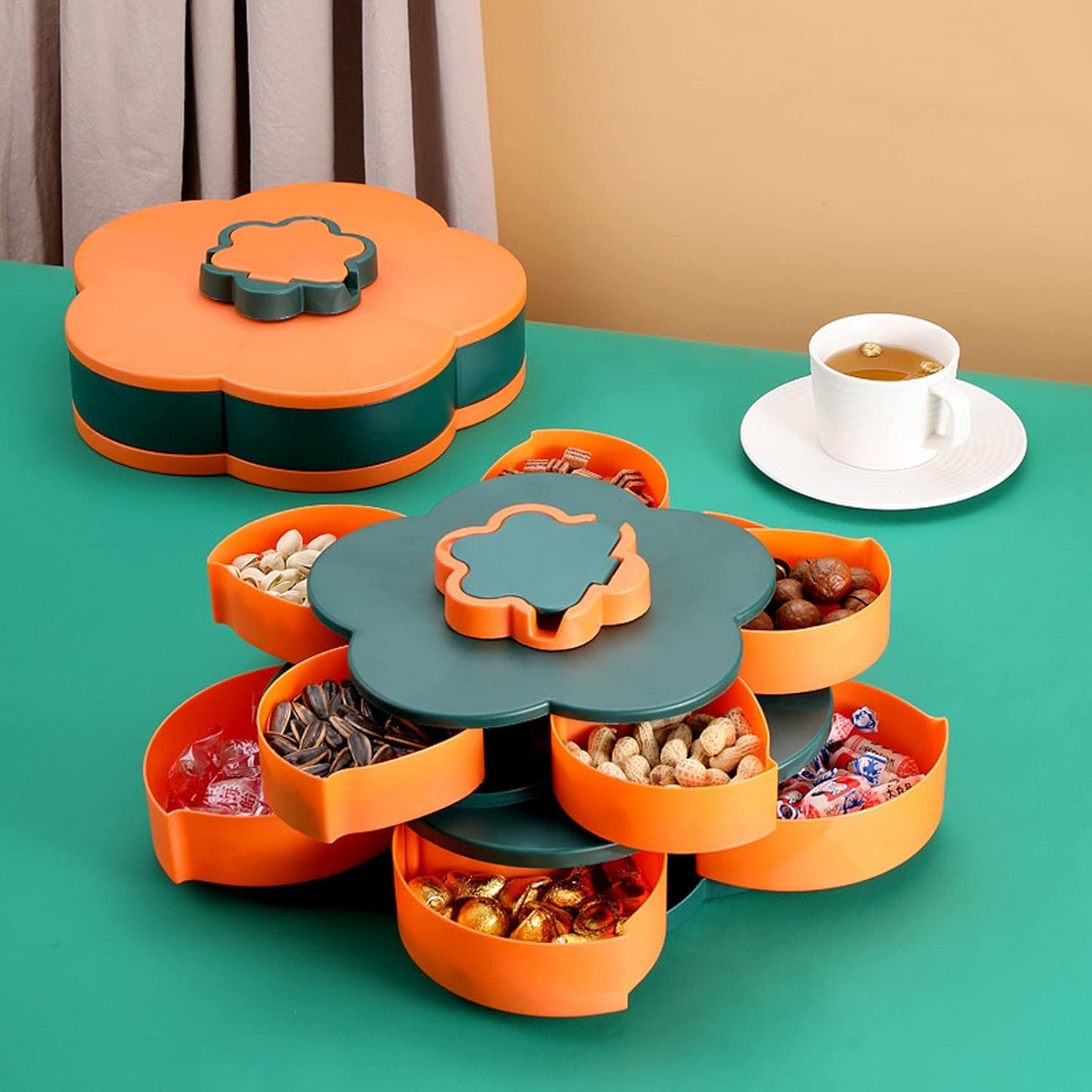 Double Deck Rotating Snack Tray Flower Shape