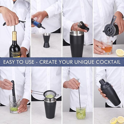 Cocktail Shaker Set Bartender Kit, Bar Set with Bamboo Stand 12 Piece Bartending Tools with Mocktail Recipes Booklet