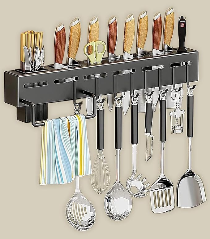 Wall-Mounted Kitchen Utensil Rack – Knife Holder with Hooks & Towel Bar 🔪✨