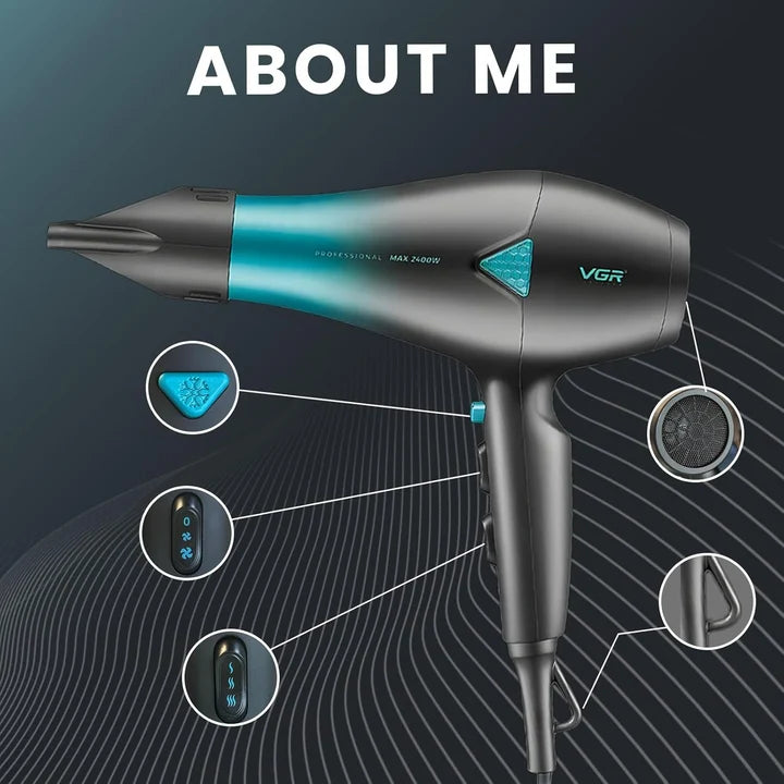 VGR V455 Professional Hair Dryer for both men and women, Independent Cool Shot, 3 Heat and 2 Speed Settings, Detachable Rear Cover