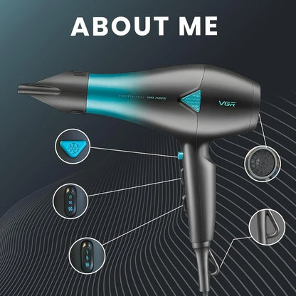 VGR V455 Professional Hair Dryer for both men and women, Independent Cool Shot, 3 Heat and 2 Speed Settings, Detachable Rear Cover