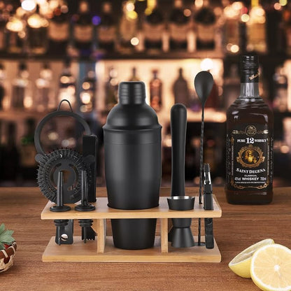 Cocktail Shaker Set Bartender Kit, Bar Set with Bamboo Stand 12 Piece Bartending Tools with Mocktail Recipes Booklet