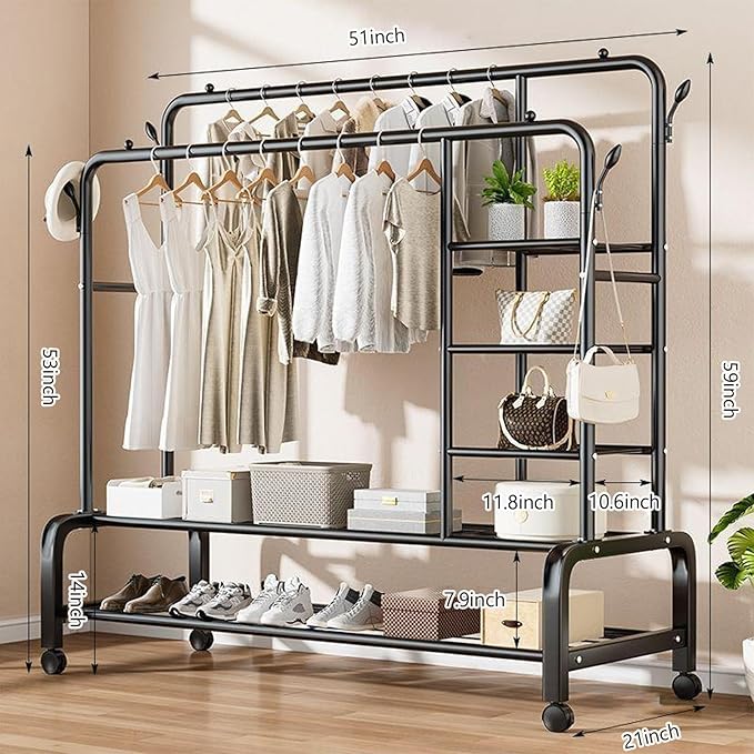 Double Clothes Garment Rack – Rolling Hanging Organizer