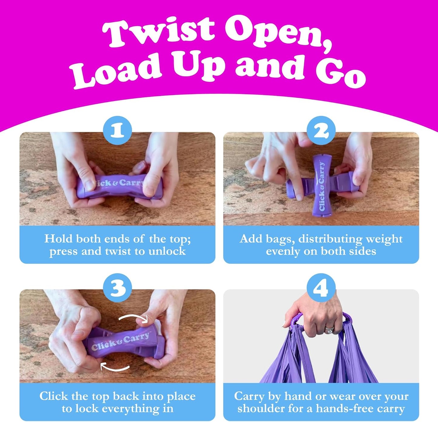 Click & Carry Grocery Bag Holder – 2 Pack, Ergonomic Grip
