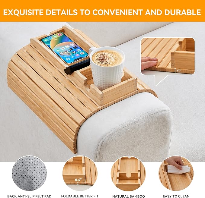 Bamboo Sofa Arm Tray with Cup Holder 🛋️☕