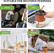 Coffee Mug Glass Tumbler With Silicone Straw and Lid 360 ml, Cup With Leather Sleeve