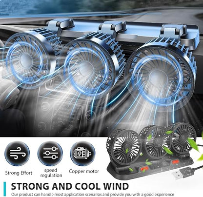 360° USB Car Fan – Triple Head Adjustable Cooling Fan