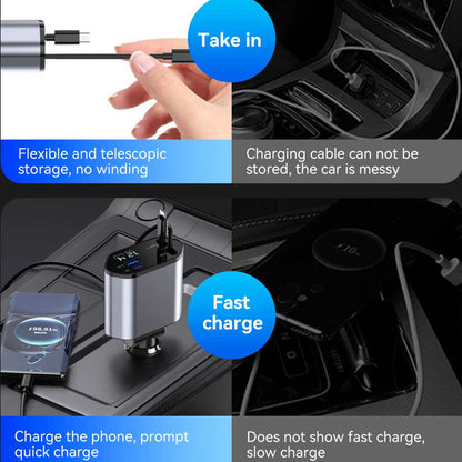 4 in 1 Car Charger 120W Turbo Charge, 4 Ports Fast Charging with Retractable Cables