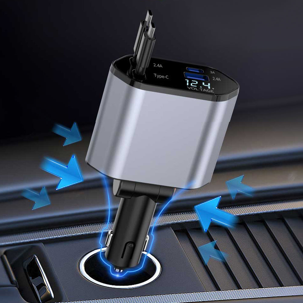4 in 1 Car Charger 120W Turbo Charge, 4 Ports Fast Charging with Retractable Cables