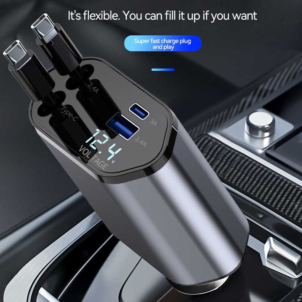 4 in 1 Car Charger 120W Turbo Charge, 4 Ports Fast Charging with Retractable Cables