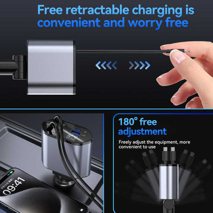 4 in 1 Car Charger 120W Turbo Charge, 4 Ports Fast Charging with Retractable Cables