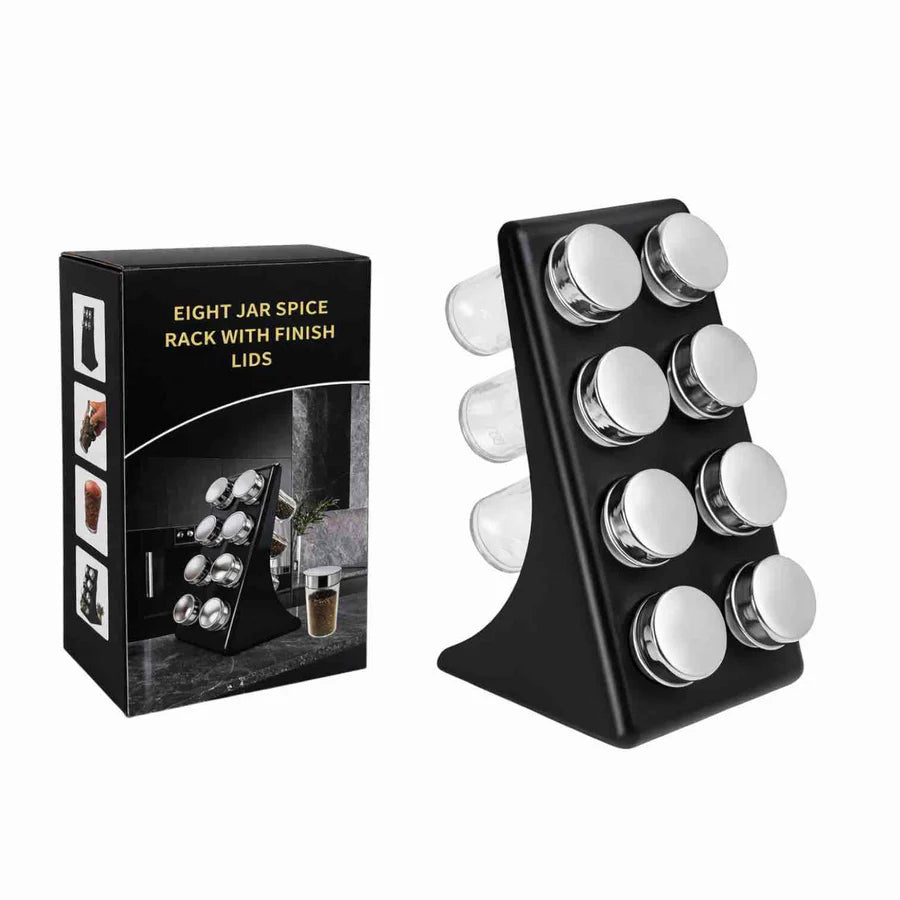 Spice Rack Set with 8 Brass Finish Lidded Jars
