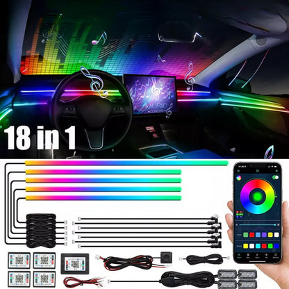 RGB Car Ambient Light Kit – 18 in 1 Fiber Optic LED Interior Neon Lights with Music Sync & Dynamic Modes