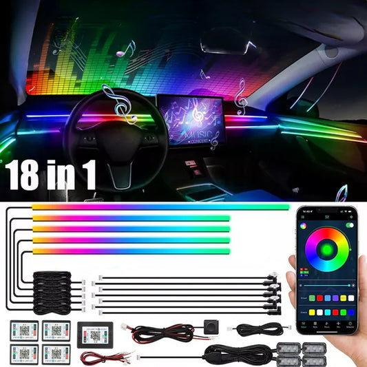 RGB Car Ambient Light Kit – 18 in 1 Fiber Optic LED Interior Neon Lights with Music Sync & Dynamic Modes