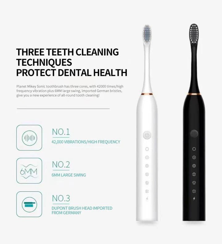 Sonic Electric Toothbrush, USB Rechargeable with 3 Brush Heads & 6 Modes | IPX7 Waterproof for Adults and Kids